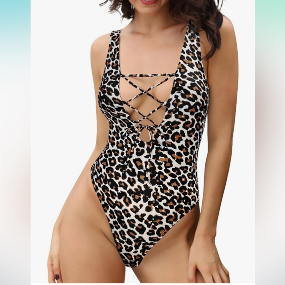 SHEKINI Women Lace-up V Neck One Piece Swimsuits U Back High Cut Bathing Suits